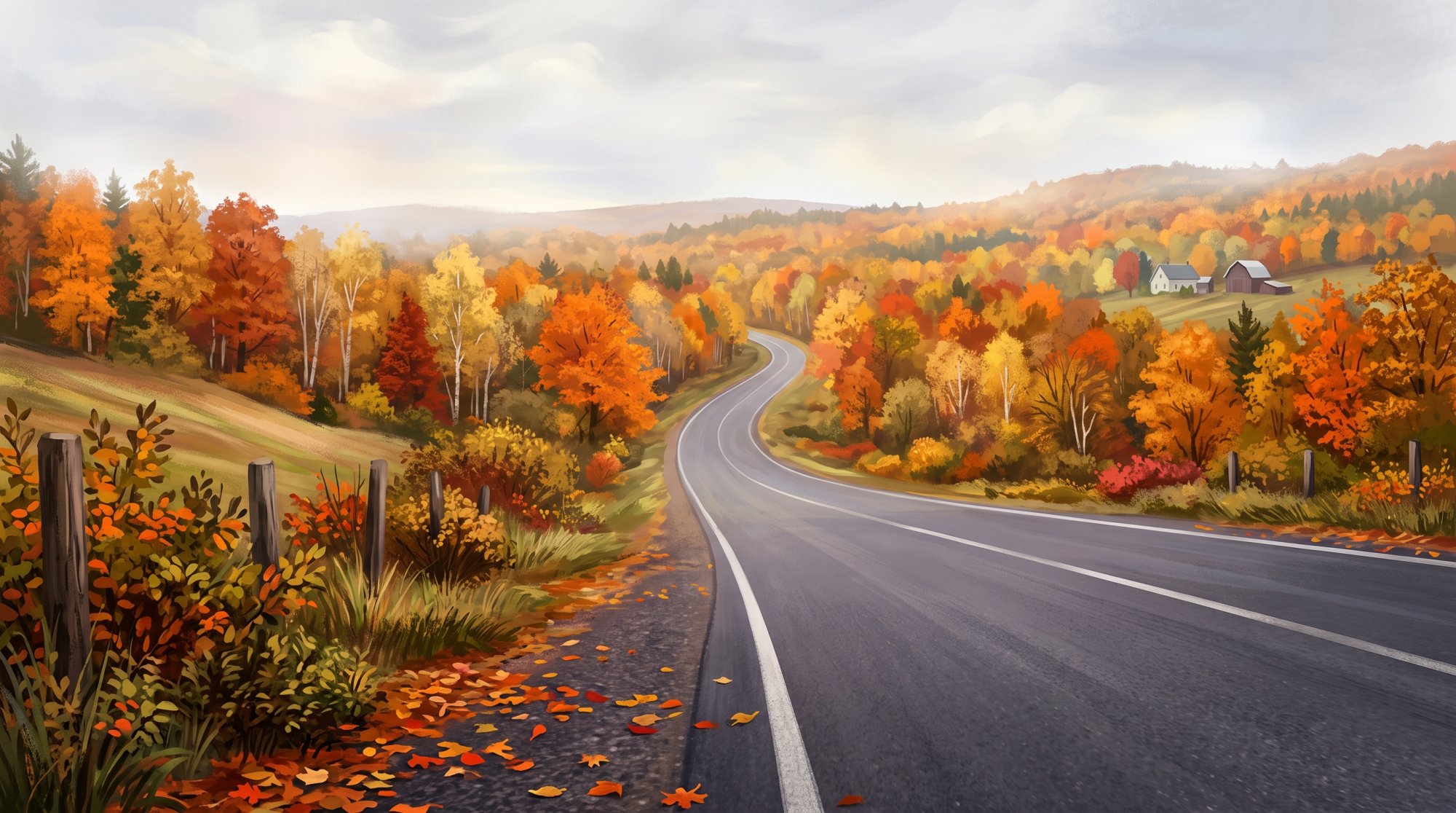 Illustration of I would like images depicting different places along the route from Houltom, Maine to Fort Fairfield Maine while driving through Aroostook County in the fall of the year with leaves in full bloom. I only want paved roads, no dirt road i...