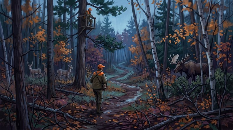 Illustration of I would like the images to depict deep woods hunting with wildlife like deer and moose in the woods with maybe a humneer it a tree stand or a hunter stalking a prey in the deep woods.