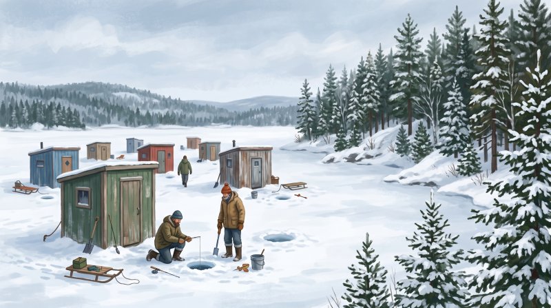 Illustration of I would like images depicting ice fishing on frozen lakes in Aroostook County Maine in the winter with fishing shacks set up and fishermen outside the fishing shacks with their lines in the lake througha hole in the ice.
