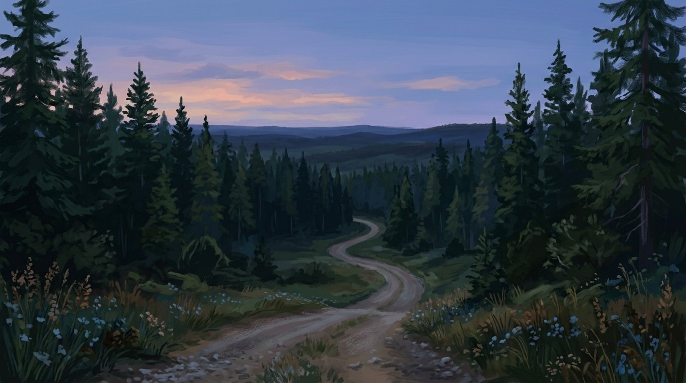 Illustration of a gravel woods road disappearing into a tall evergreen forest in summer