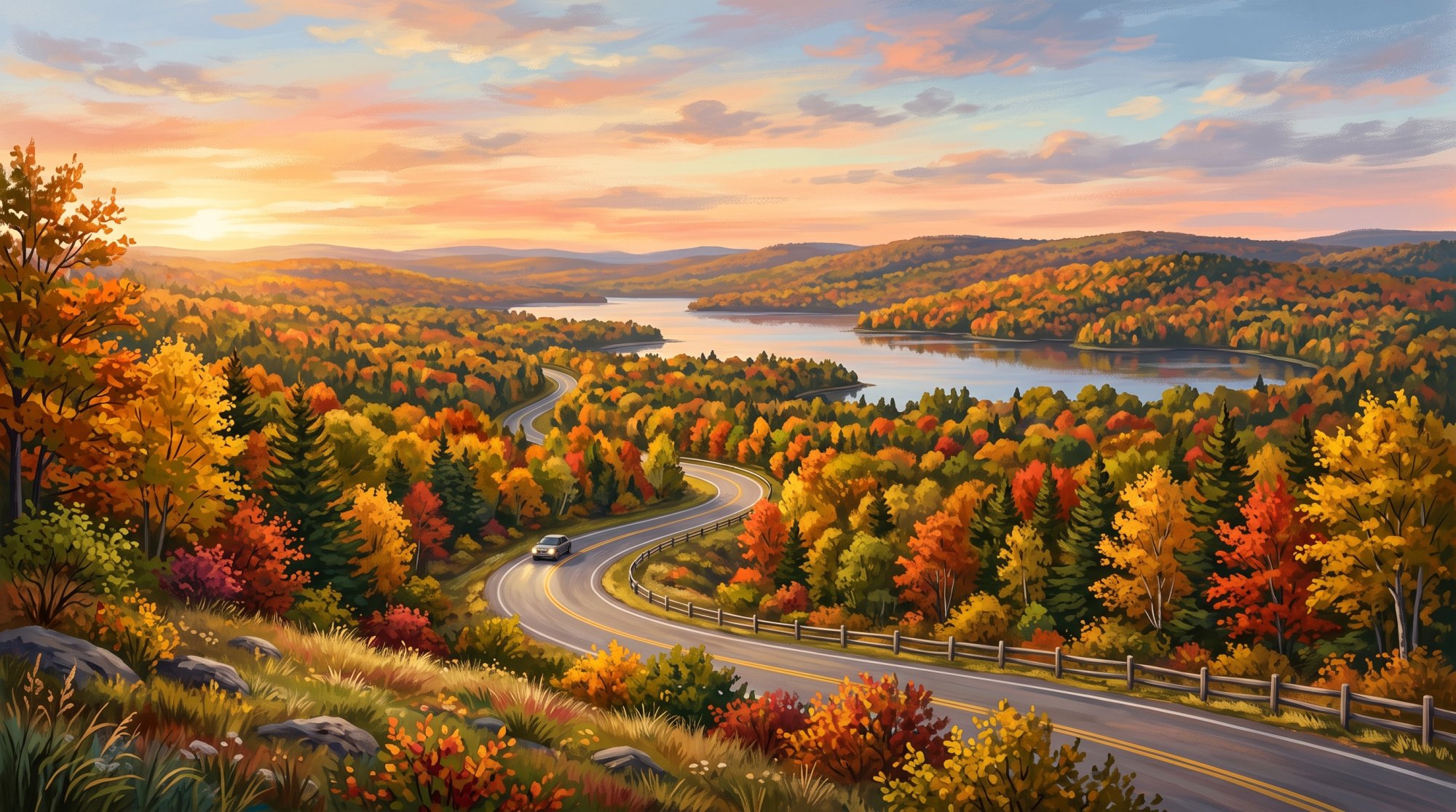 Illustration of I would like images depicting a scenic drive from Island Falls, Maine to Eagle Lake Maine. I want the images to be vibrant fall foliage images of the natural beauty the Northeern Maine and Aroostook County are known for