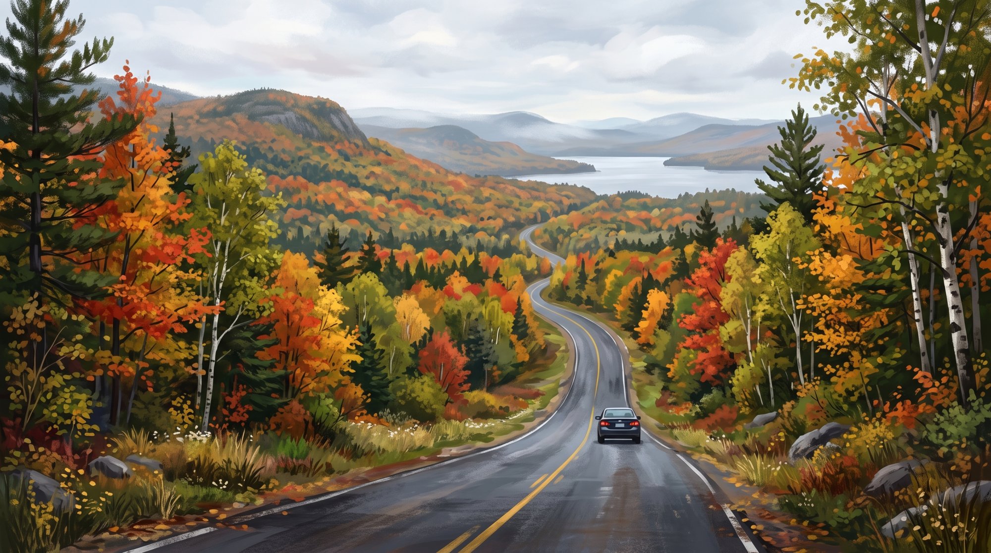 Illustration of I would like images depicting a scenic drive from Island Falls, Maine to Eagle Lake Maine. I want the images to be vibrant fall foliage images of the natural beauty the Northeern Maine and Aroostook County are known for