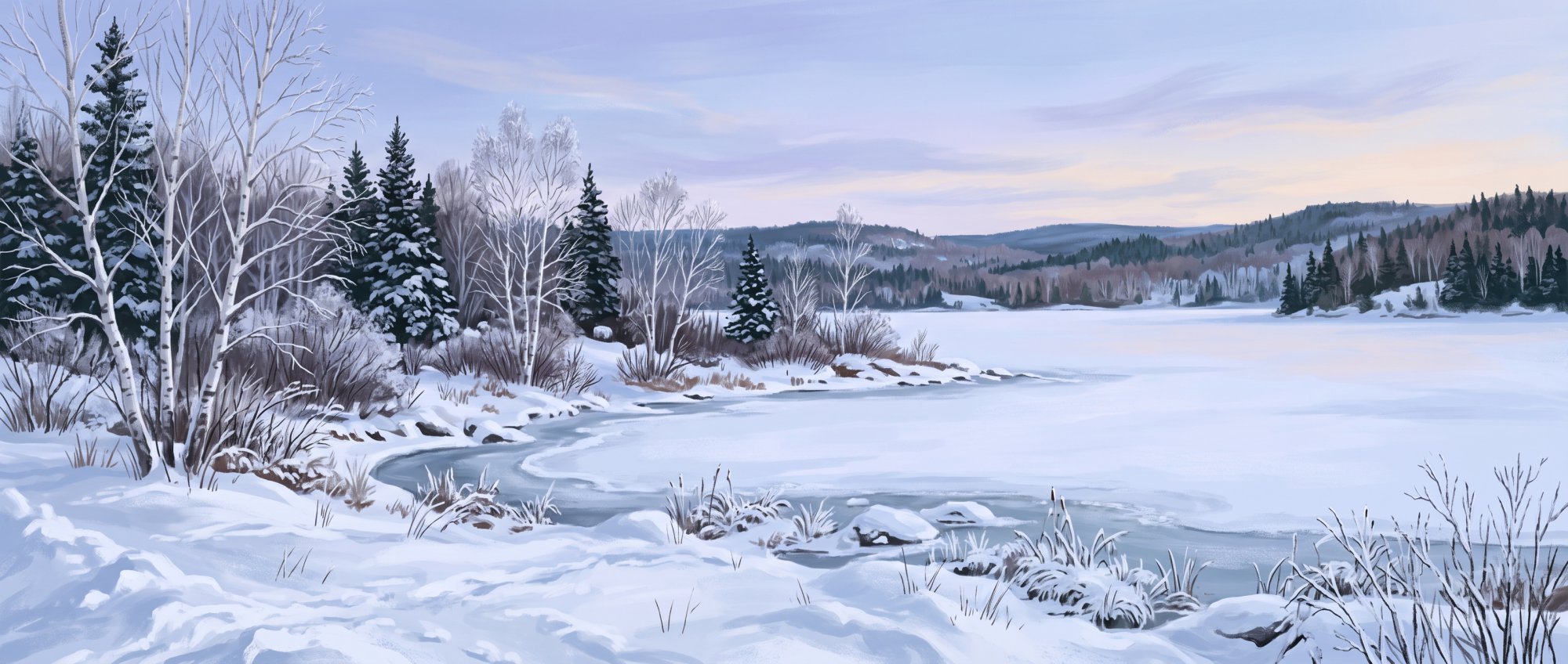 Illustration of a snow-covered lake shore with bare birches and dark spruce under a pale winter sky in winter