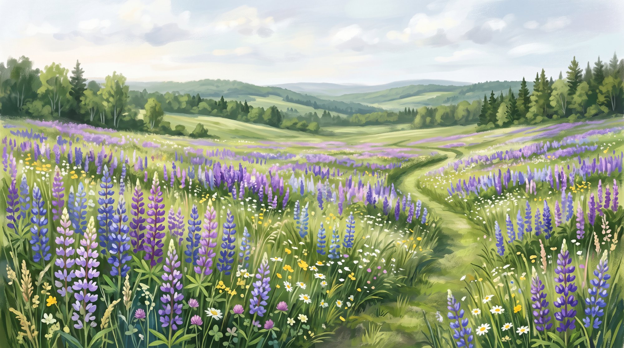 Illustration of a meadow of purple lupines and wildflowers with a farmhouse-free horizon of green hills in spring