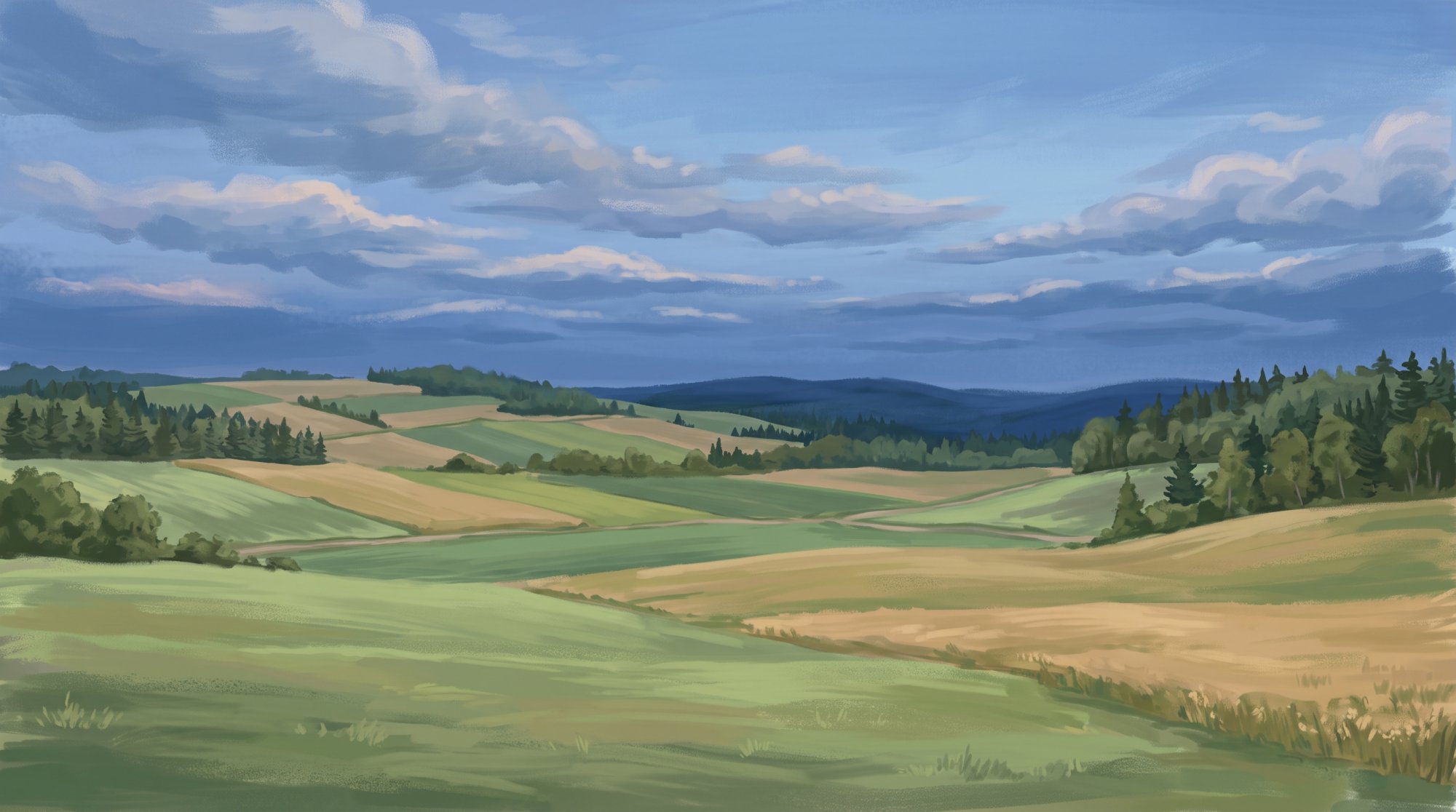 Illustration of open rolling farmland under dramatic clouds with a patchwork of green and gold fields in summer