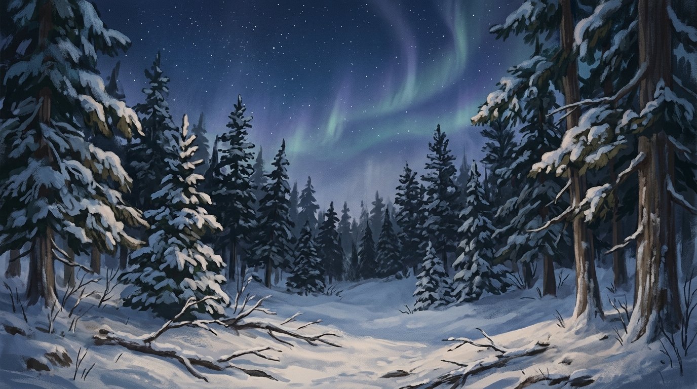 Illustration of a dark pine forest under a clear starry sky with faint northern lights in winter