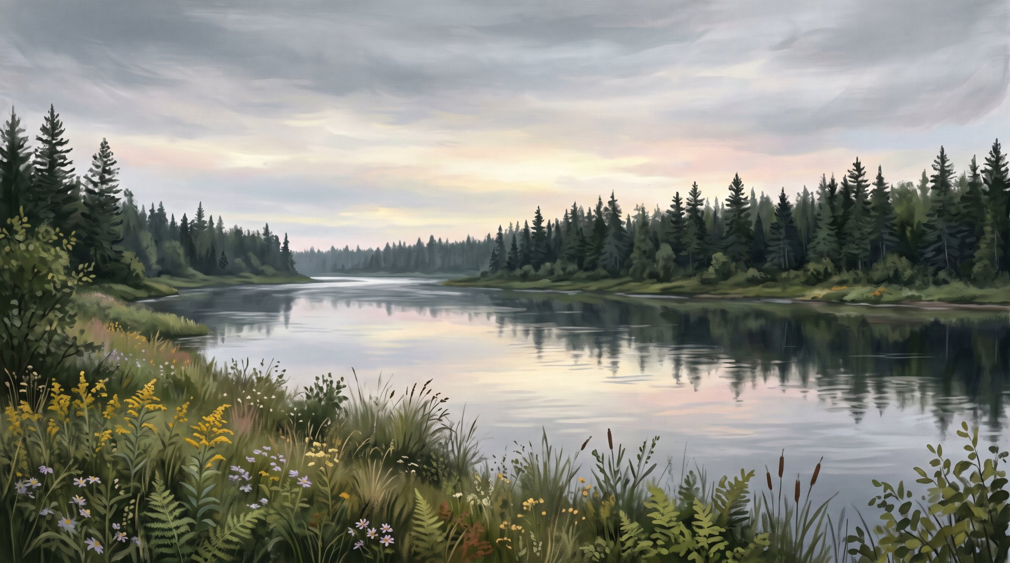 Illustration of a calm river reflecting a glowing evening sky, with dark spruce along the far bank in summer