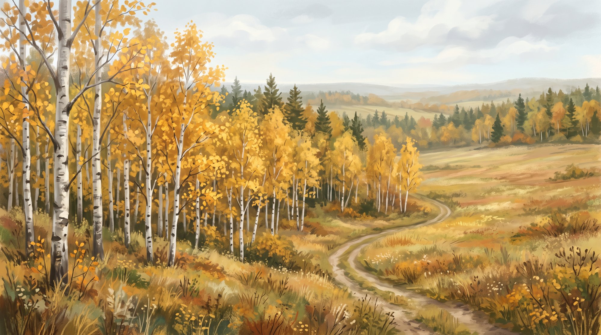 Illustration of a grove of white birch trees with golden leaves beside an open field in fall
