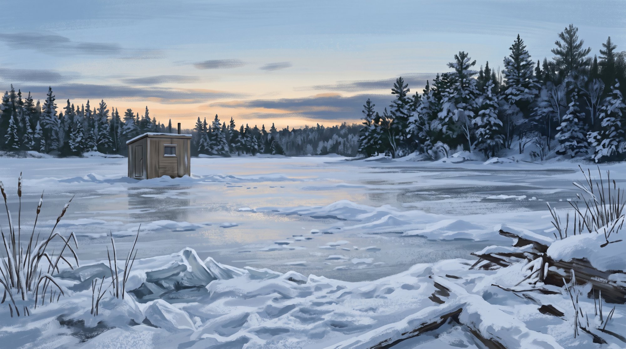 Illustration of a frozen lake under a pale winter sky with a small ice-fishing shanty and a line of snowy spruce in winter