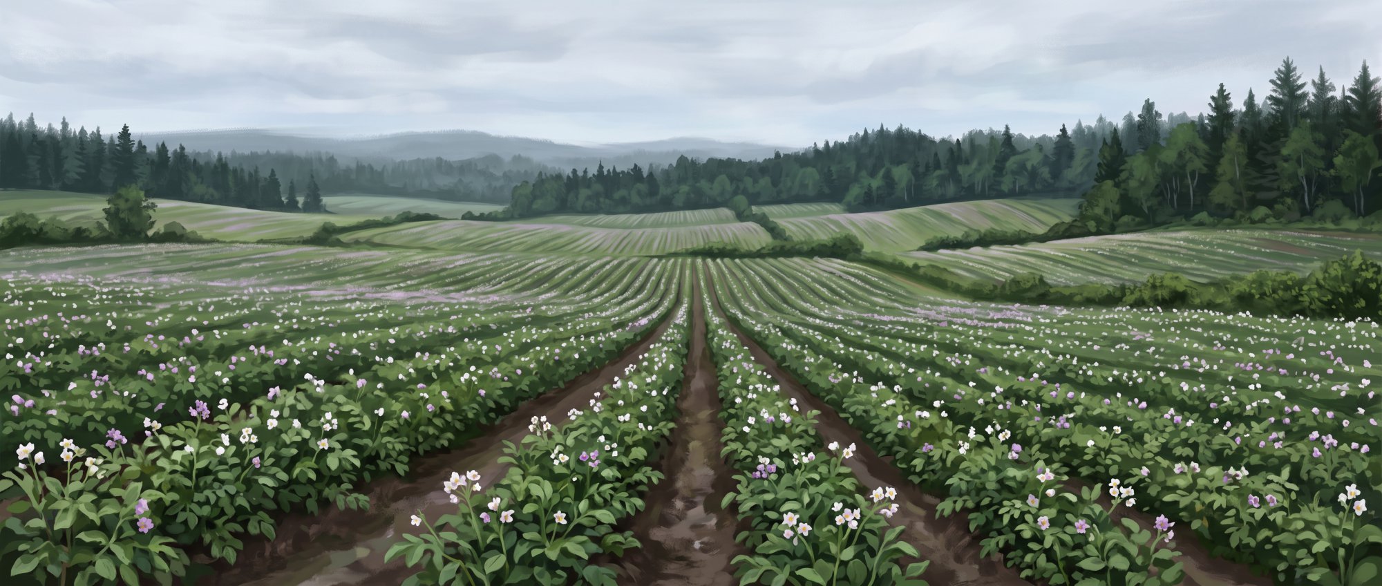 Illustration of a wide field of blooming potato plants stretching to a distant treeline in summer