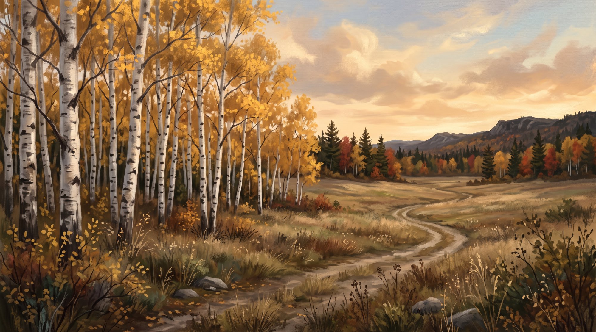 Illustration of a grove of white birch trees with golden leaves beside an open field in fall