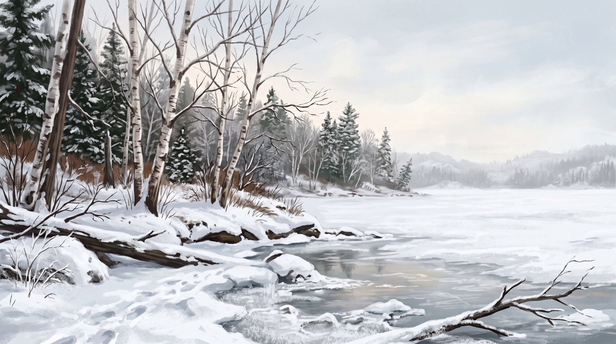 Illustration of a snow-covered lake shore with bare birches and dark spruce under a pale winter sky in winter