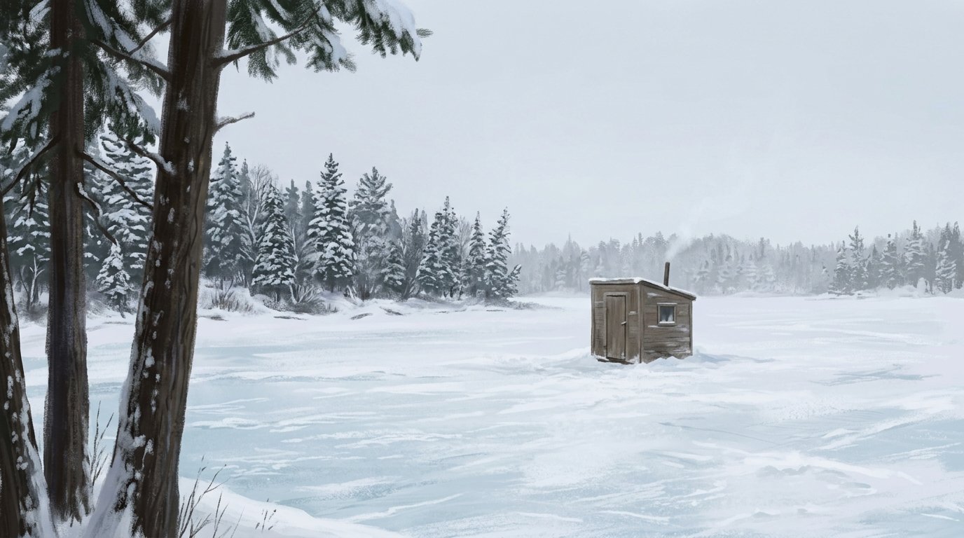 Illustration of a frozen lake under a pale winter sky with a small ice-fishing shanty and a line of snowy spruce in winter