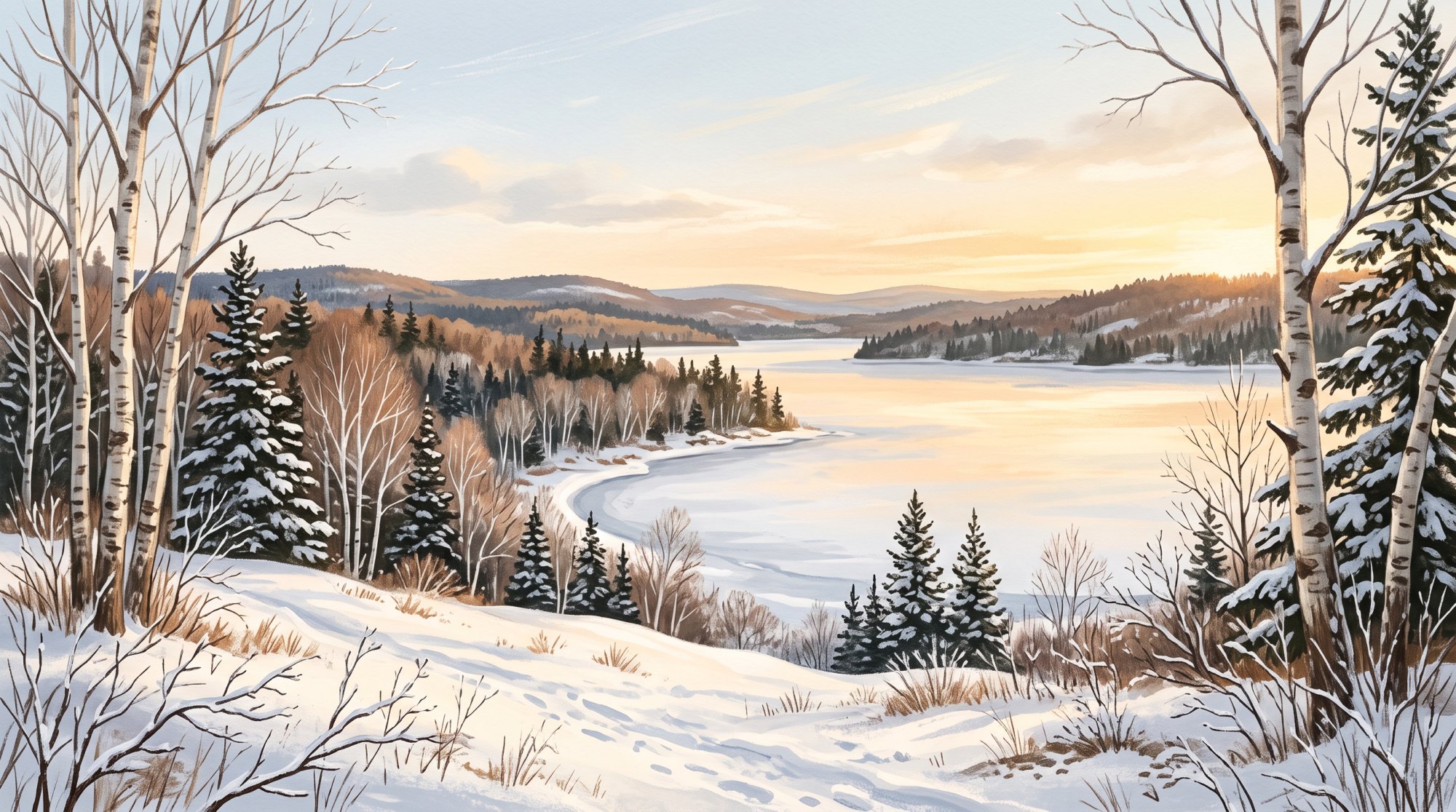 Illustration of a snow-covered lake shore with bare birches and dark spruce under a pale winter sky in winter