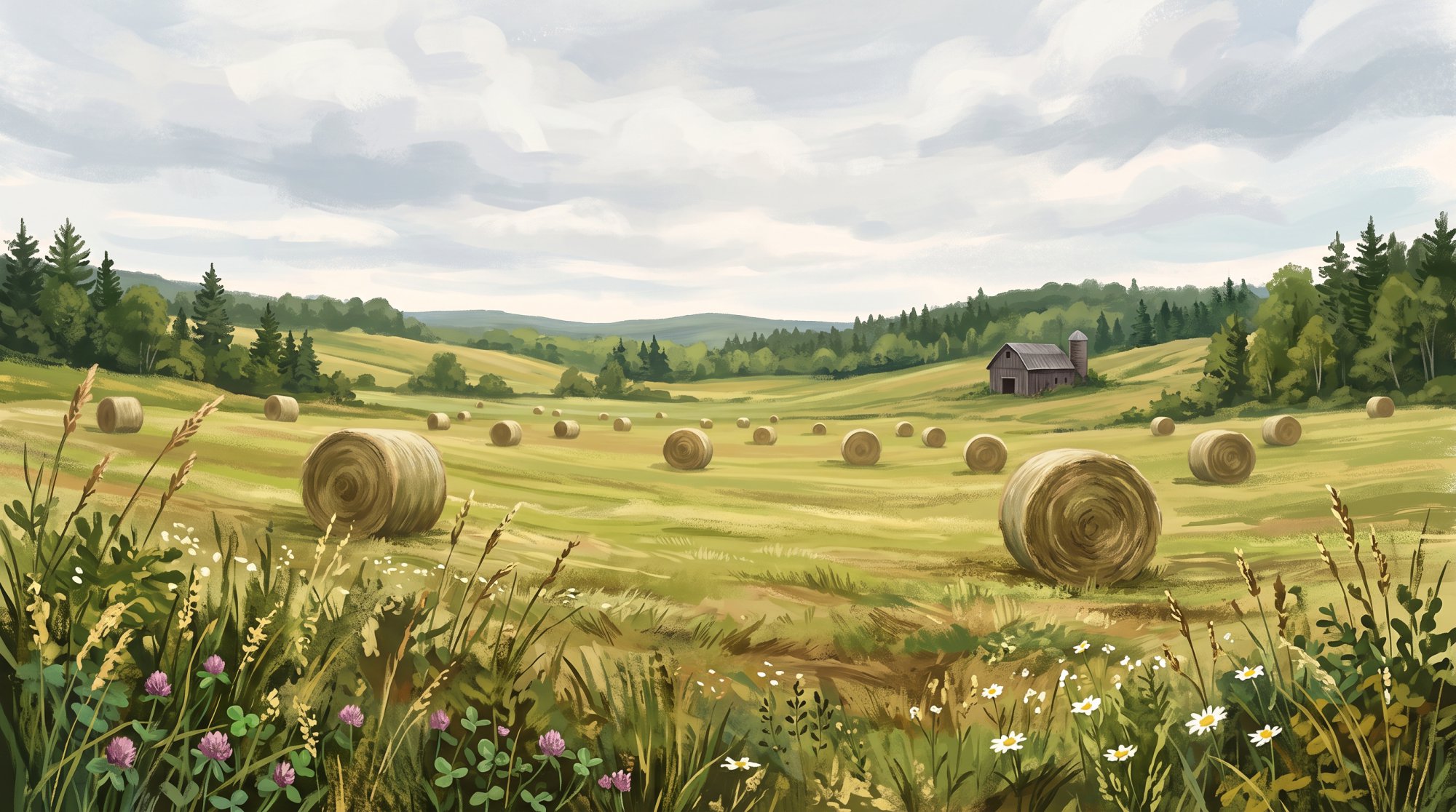 Illustration of a hayfield with round bales and a small distant barn under a big sky in summer