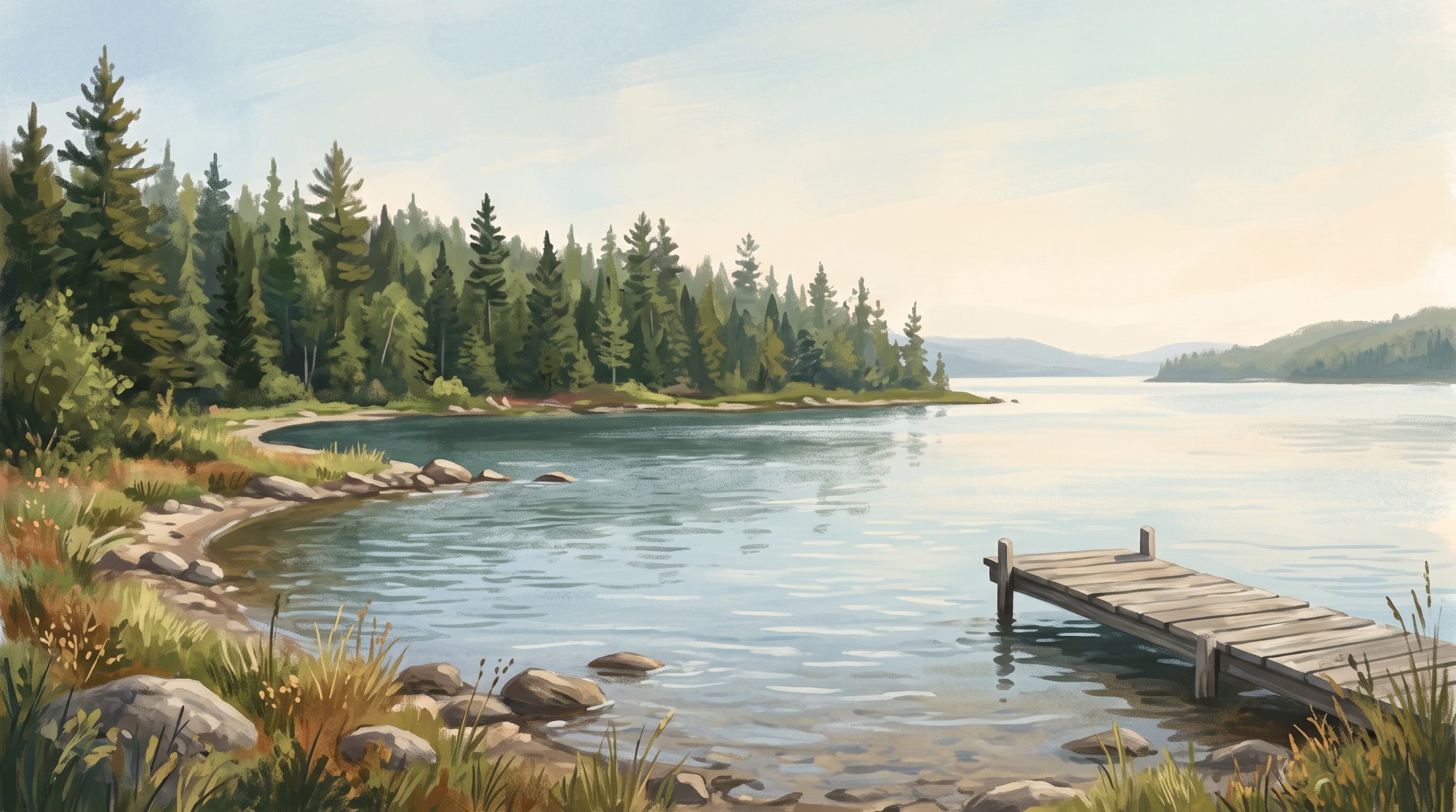 Illustration of a calm lake ringed by spruce and pine trees at the edge of a north woods forest in summer