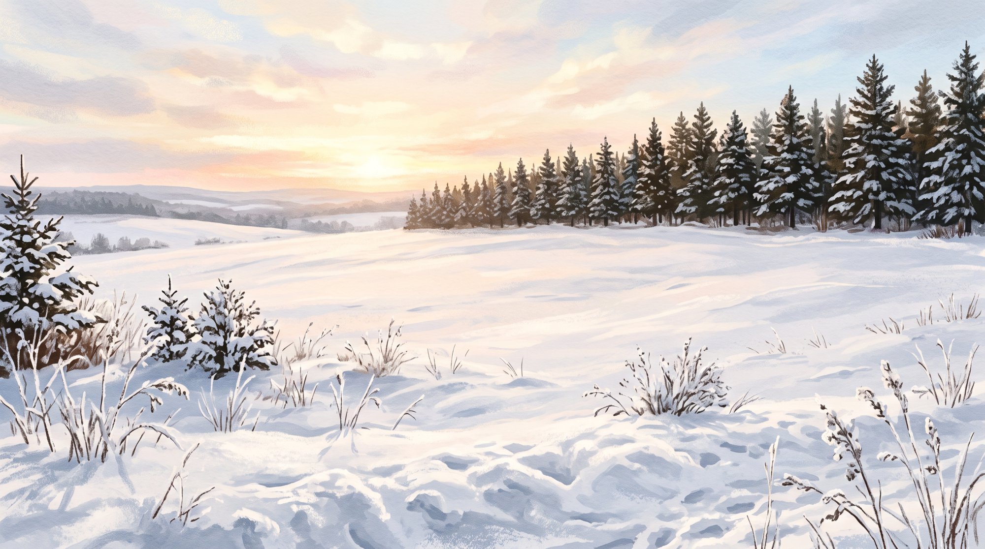 Illustration of a snow-covered farm field at dusk with a long line of evergreens and a faint glow on the horizon in winter