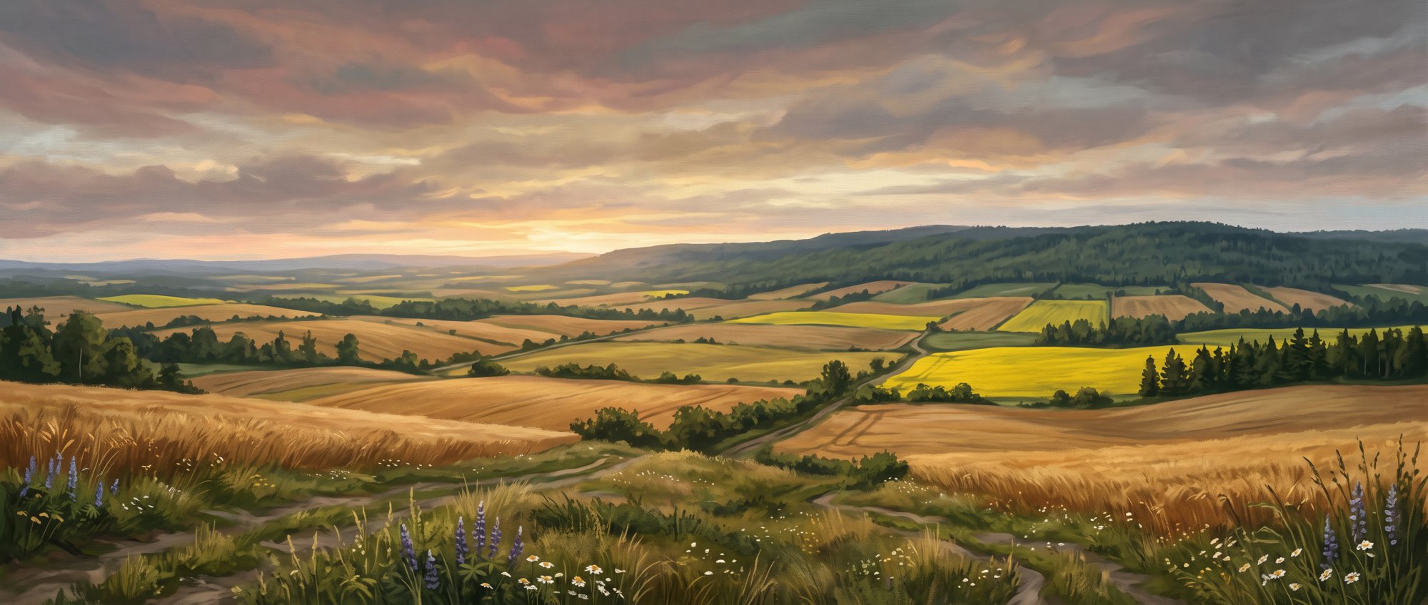Illustration of rolling fields of golden grain and canola under a wide sky with a distant wooded ridge in summer