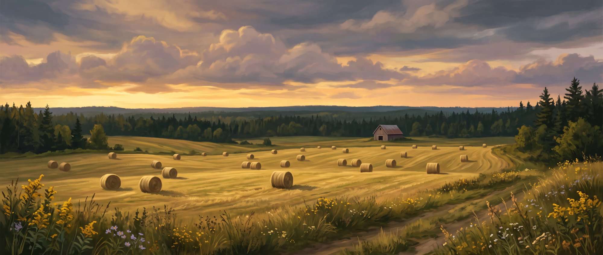 Illustration of a hayfield with round bales and a small distant barn under a big sky in summer