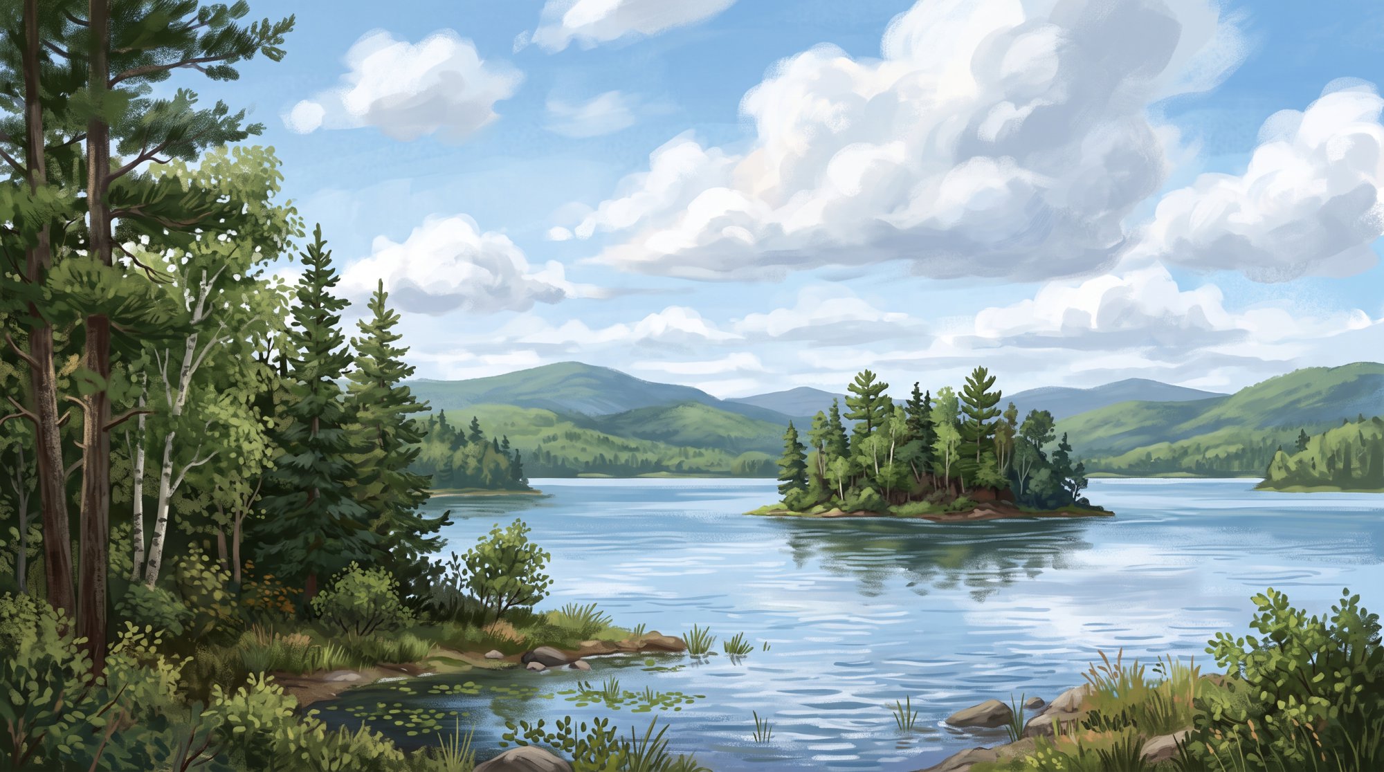 Illustration of a wide lake with a small wooded island and distant hills under a soft sky in summer