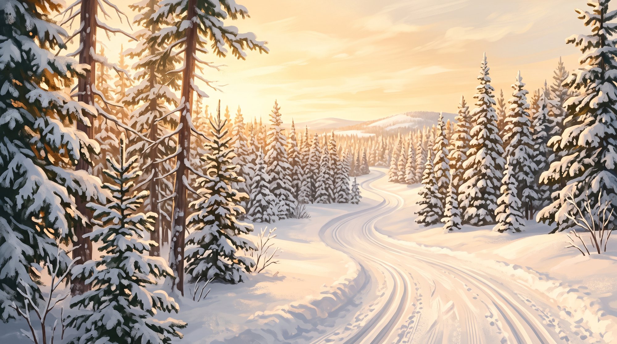 Illustration of a snow-covered spruce forest with a groomed trail winding between the trees in winter