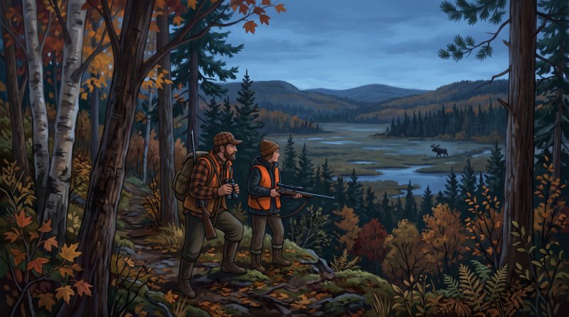 Illustration of Moose Hunting in Maine is a huge activity. I would like images depicting hunteers in the woods with moose in the far distance in the fall of the year. I would like different scenes in different areas of Aroostook County