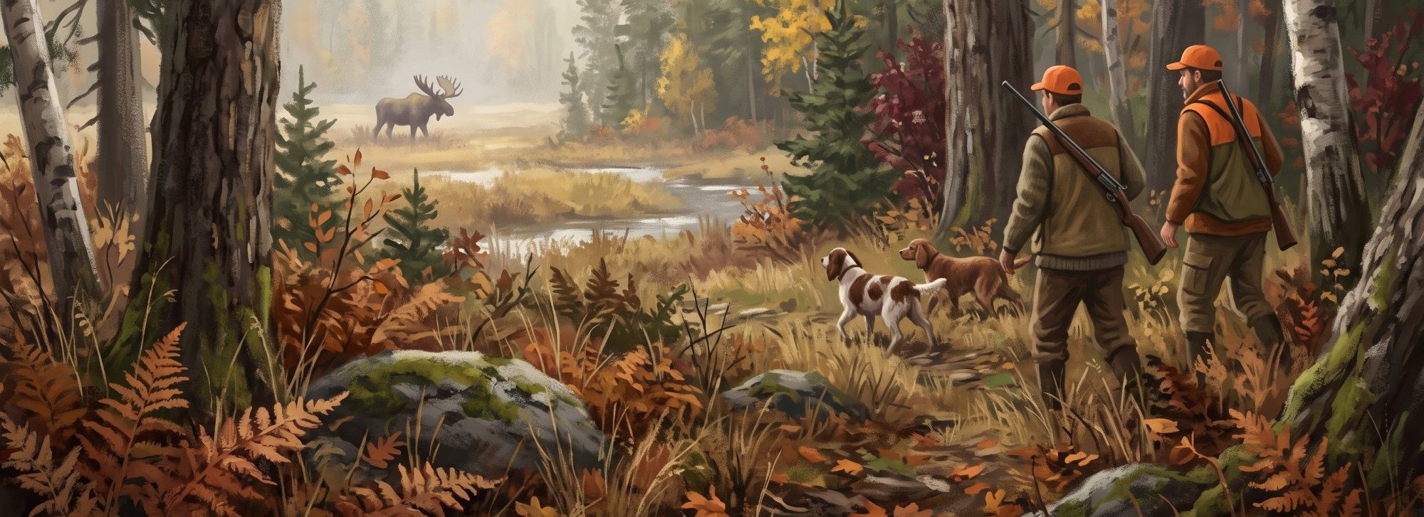 Illustration of Moose Hunting in Maine is a huge activity. I would like images depicting hunteers in the woods with moose in the far distance in the fall of the year. I would like different scenes in different areas of Aroostook County