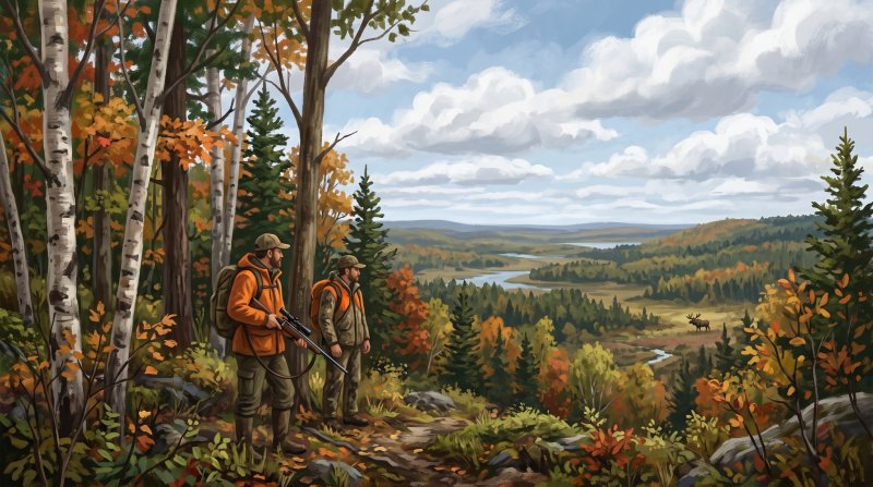 Illustration of Moose Hunting in Maine is a huge activity. I would like images depicting hunteers in the woods with moose in the far distance in the fall of the year. I would like different scenes in different areas of Aroostook County