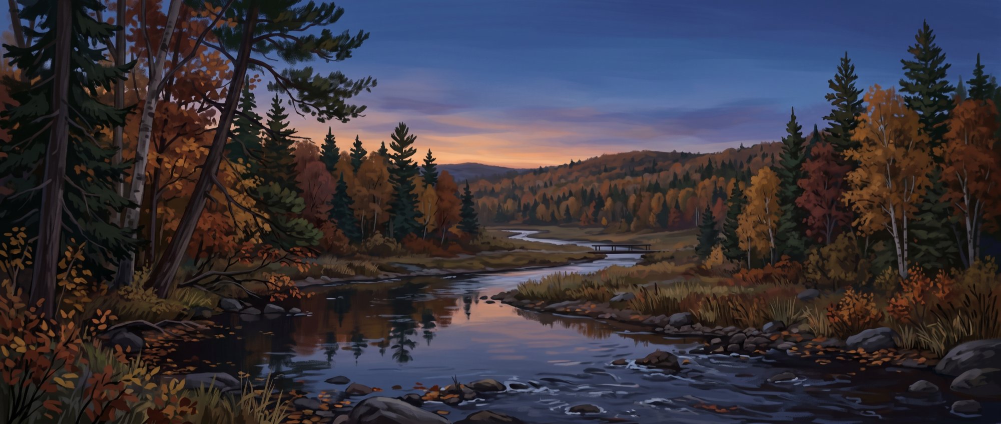 Illustration of I would like images that depict the woods and streams in and around Moro Plantation, Maine and the Island Falls area.