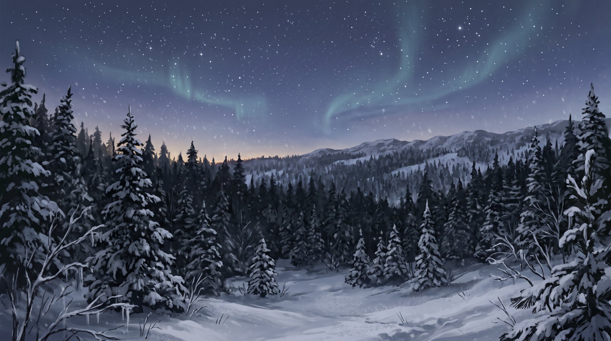 Illustration of a dark pine forest under a clear starry sky with faint northern lights in winter