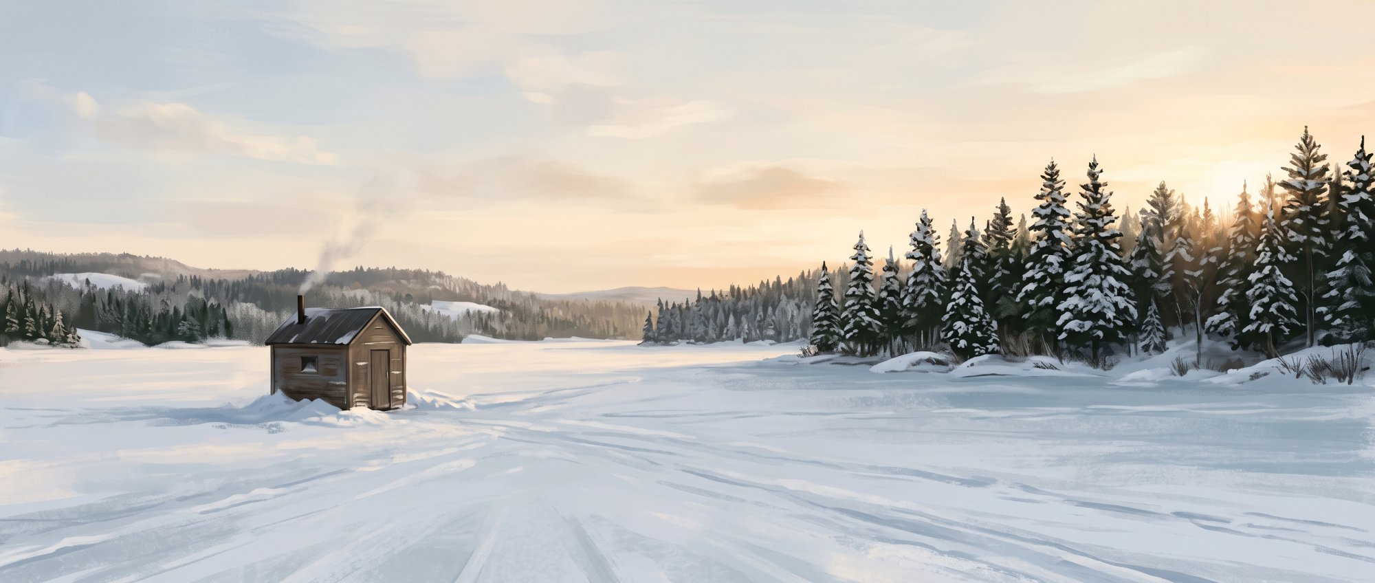 Illustration of a frozen lake under a pale winter sky with a small ice-fishing shanty and a line of snowy spruce in winter