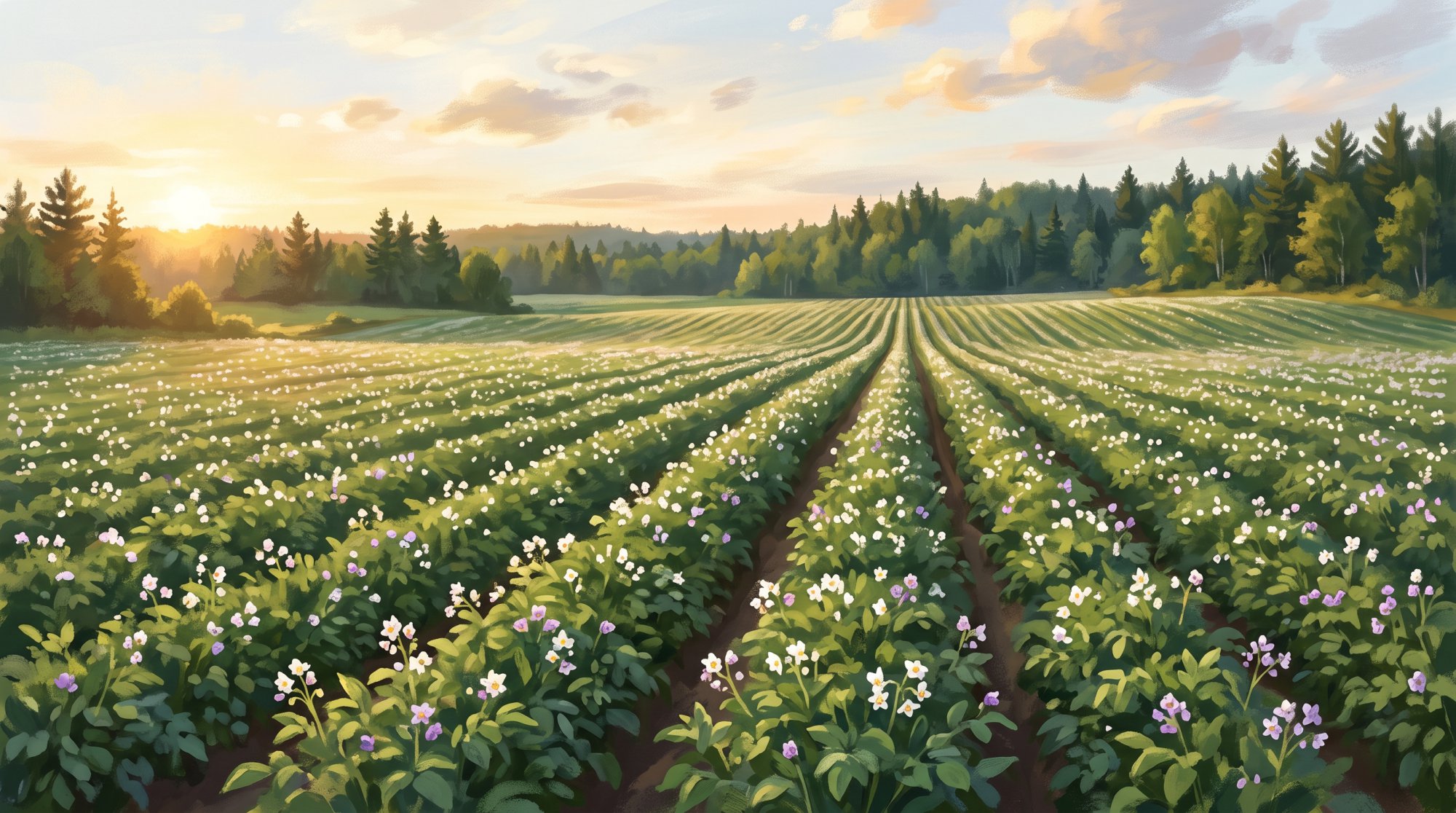 Illustration of a wide field of blooming potato plants stretching to a distant treeline in summer