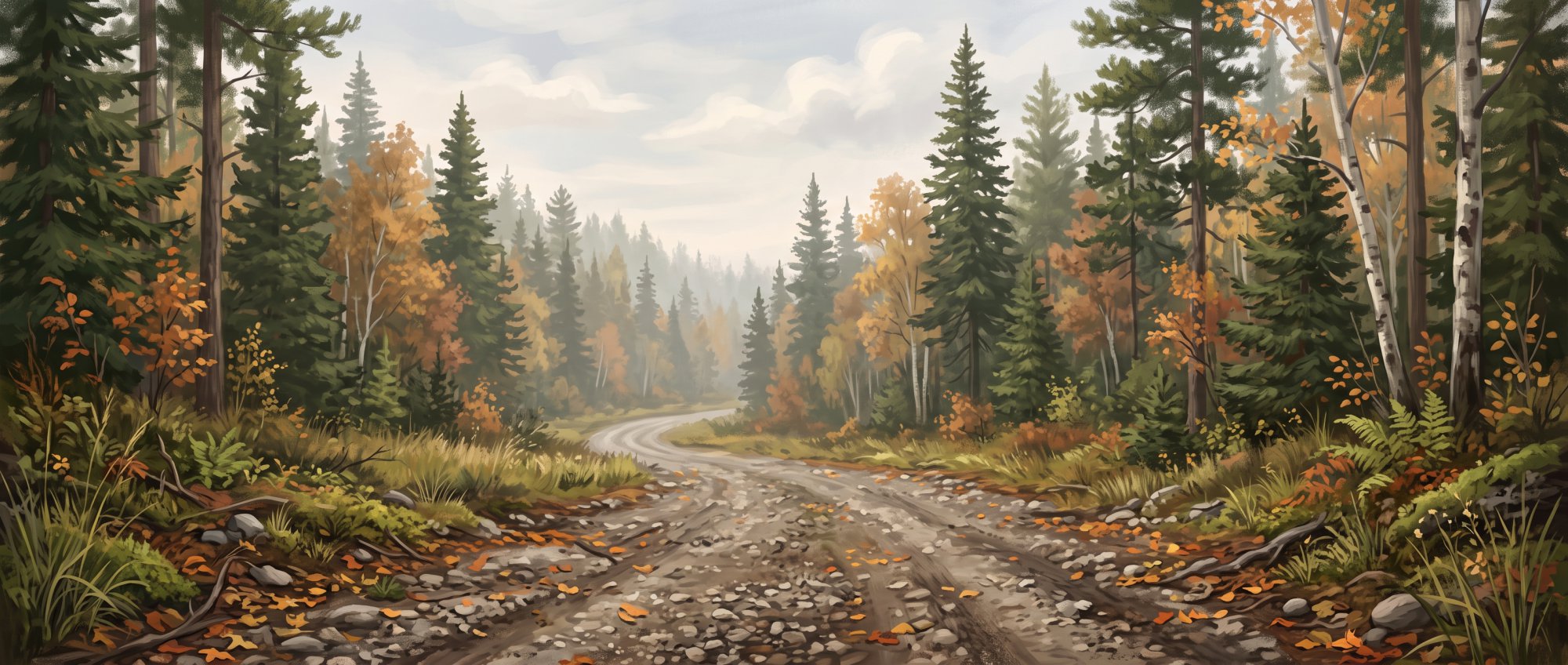 Illustration of a gravel woods road disappearing into a tall evergreen forest in fall
