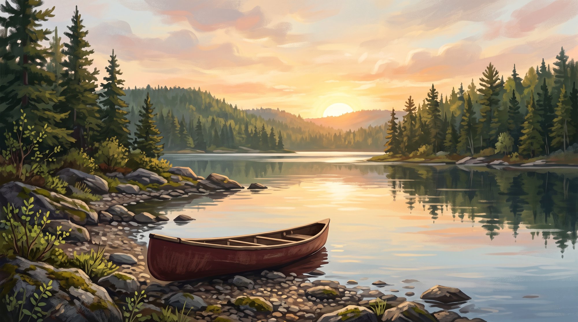 Illustration of a quiet lake at dawn with a canoe resting on a rocky shore and spruce trees behind in spring