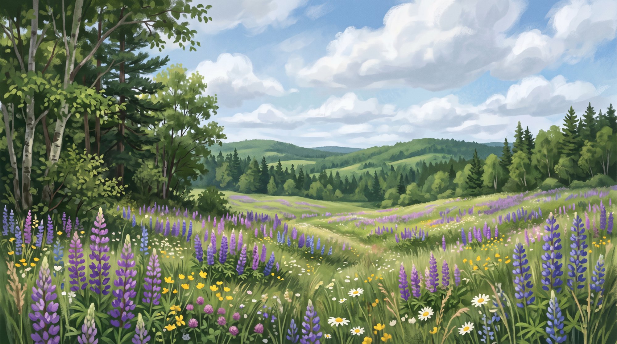 Illustration of a meadow of purple lupines and wildflowers with a farmhouse-free horizon of green hills in summer