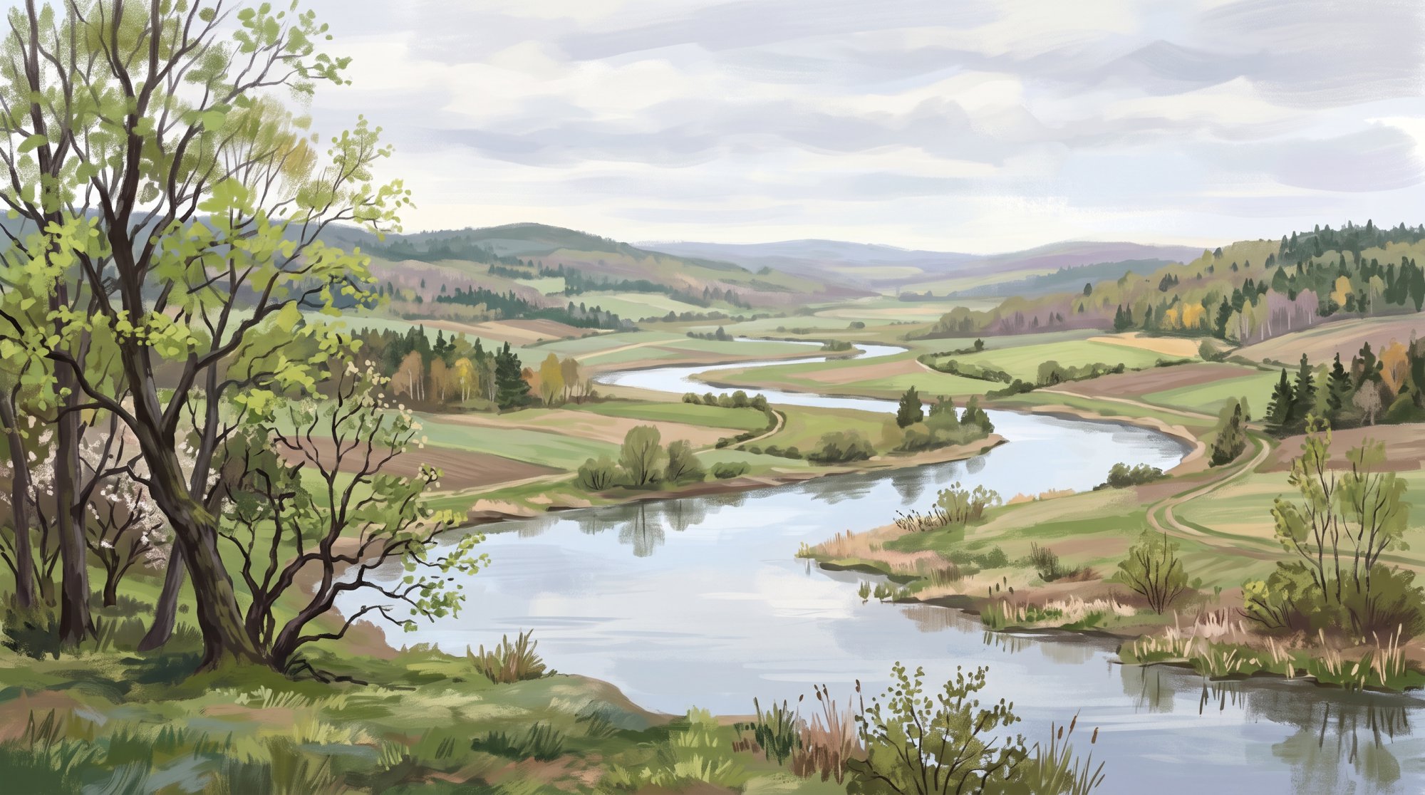 Illustration of a broad, quiet river winding through a valley of farmland and low rolling hills in spring