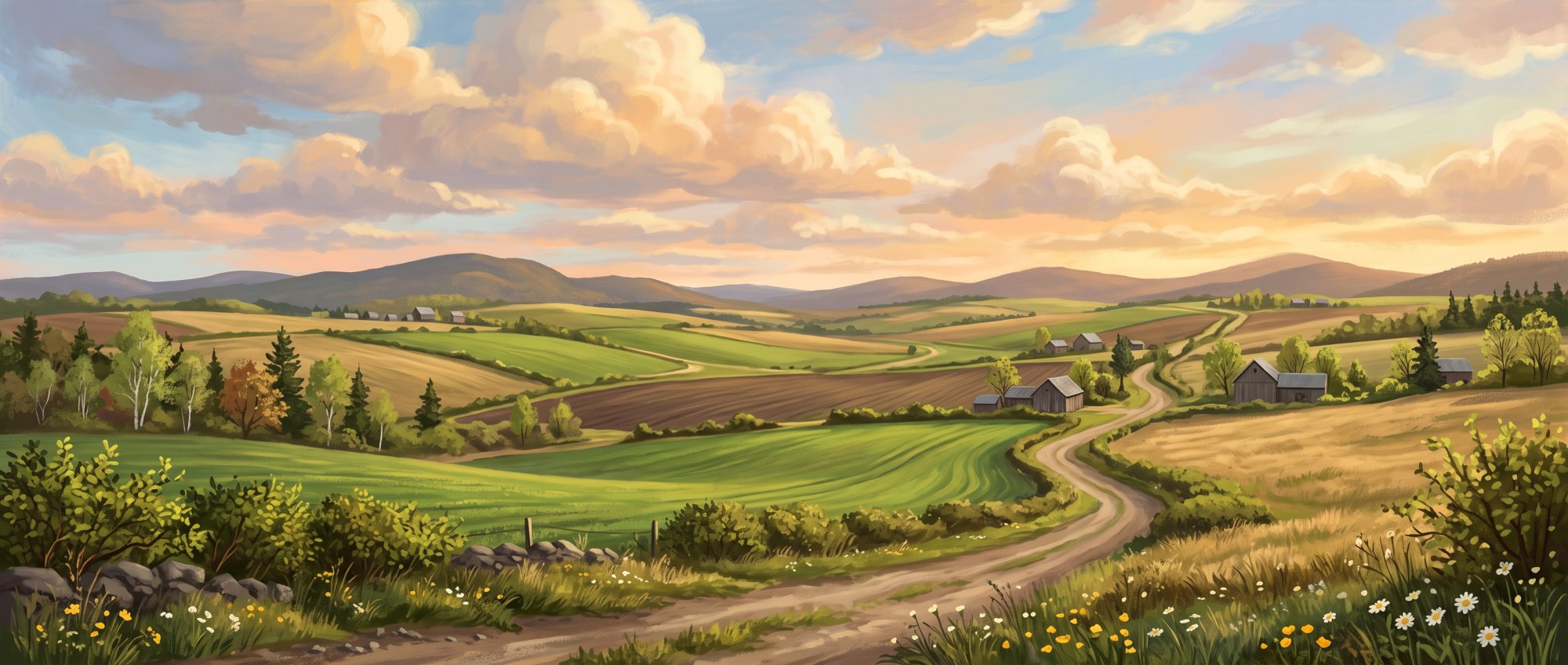 Illustration of open rolling farmland under dramatic clouds with a patchwork of green and gold fields in spring