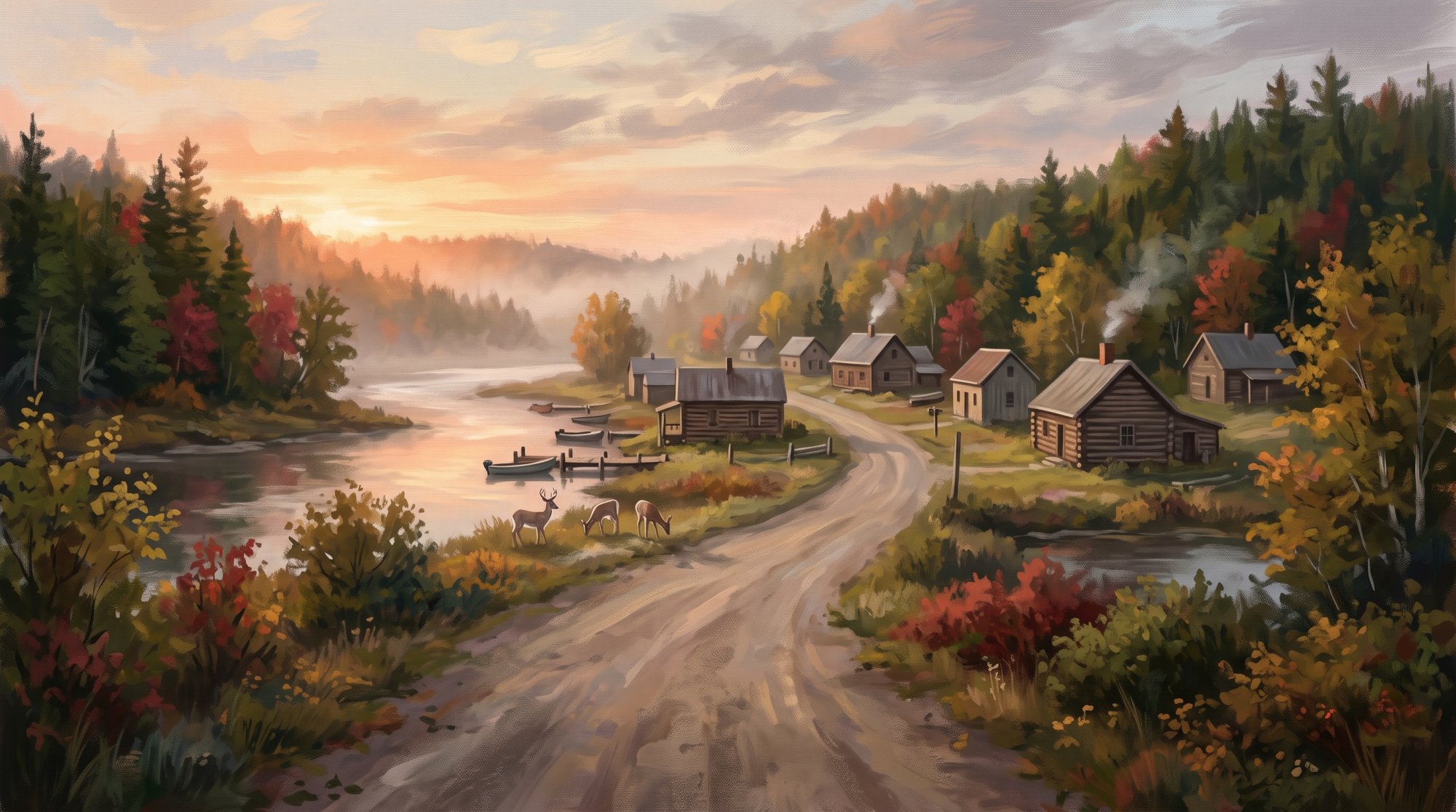 Illustration of I would like images that depict the area of the North Woods of Maine. I would like these images to depict very rural communities klike The Allagash and some with wildlife.