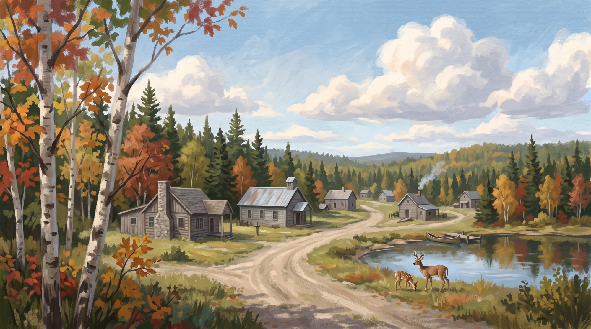Illustration of I would like images that depict the area of the North Woods of Maine. I would like these images to depict very rural communities klike The Allagash and some with wildlife.