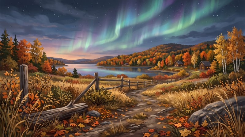 Illustration of I would like images depicting the Northern Lights in Aroostook County Maine in the night sky in different seasons.