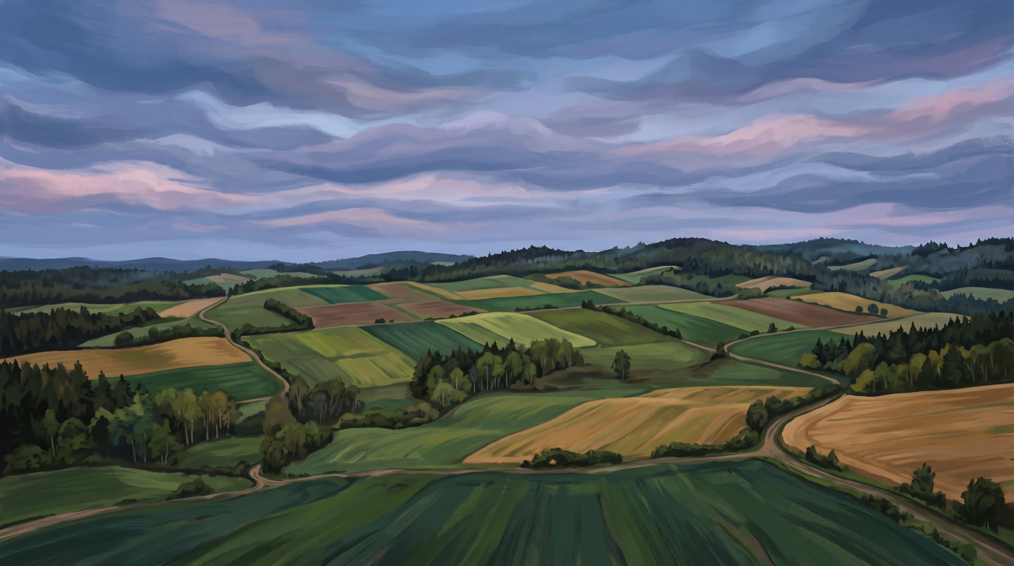 Illustration of open rolling farmland under dramatic clouds with a patchwork of green and gold fields in spring