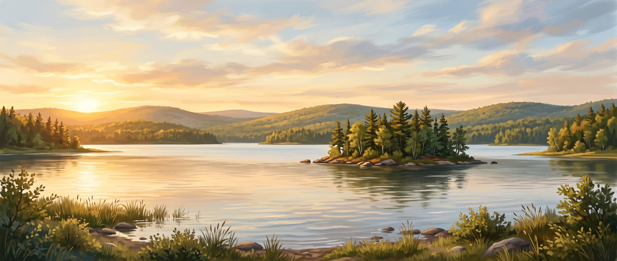 Illustration of a wide lake with a small wooded island and distant hills under a soft sky in summer