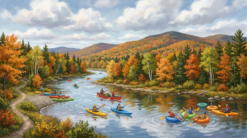 Illustration of I would like a mix of images depicting canoeing, kayaking and tubing on rivers and streams in country settings.