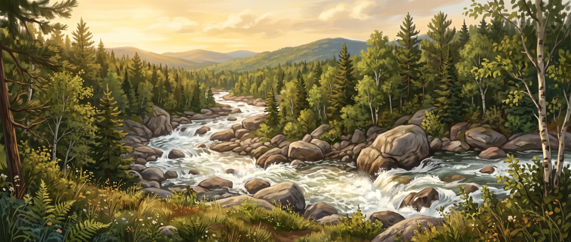 Illustration of whitewater rapids tumbling over rounded boulders in a forest river in summer