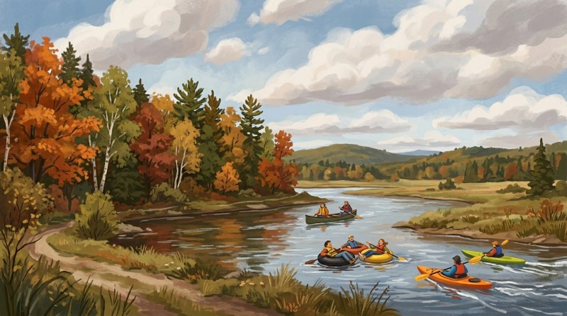 Illustration of I would like a mix of images depicting canoeing, kayaking and tubing on rivers and streams in country settings.