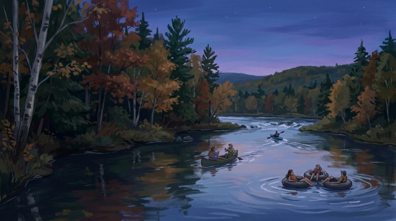 Illustration of I would like a mix of images depicting canoeing, kayaking and tubing on rivers and streams in country settings.
