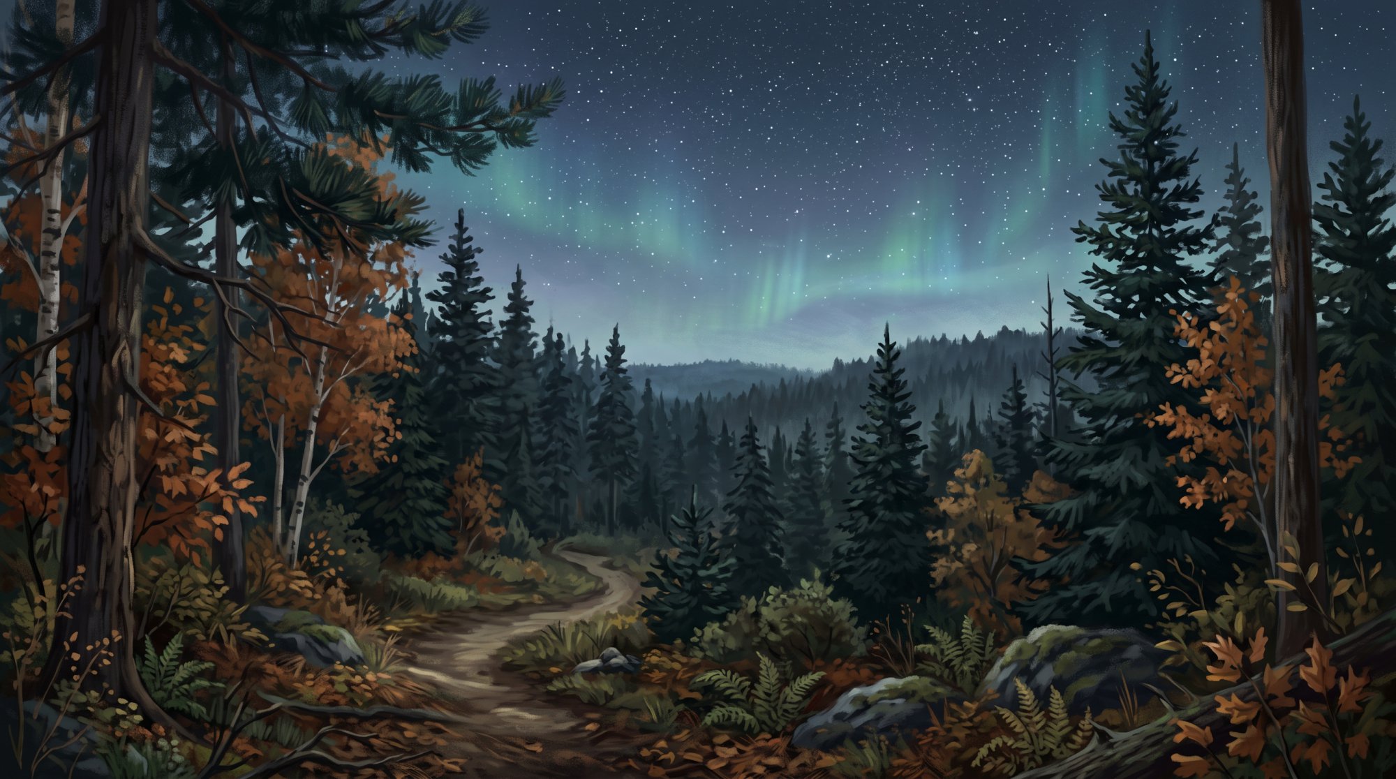 Illustration of a dark pine forest under a clear starry sky with faint northern lights in fall