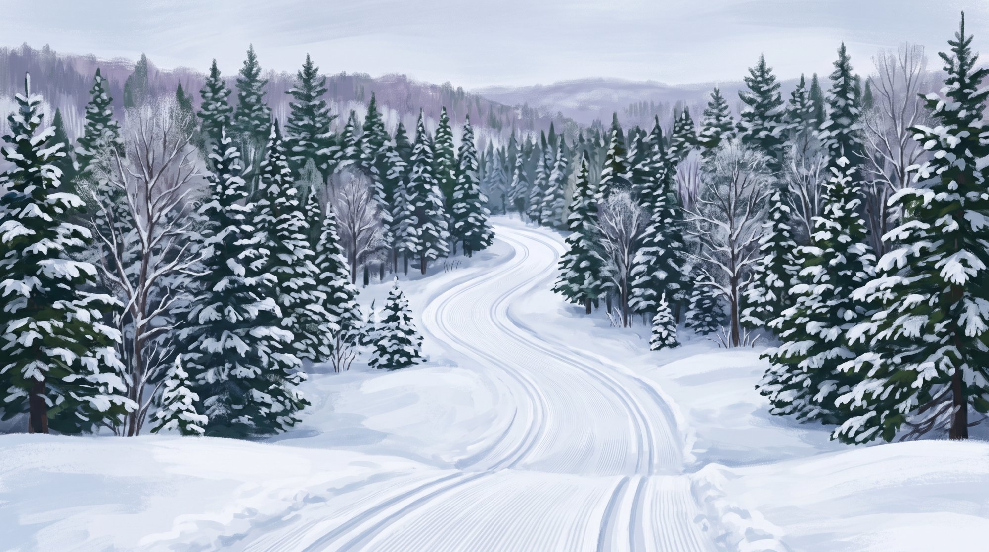 Illustration of a snow-covered spruce forest with a groomed trail winding between the trees in winter