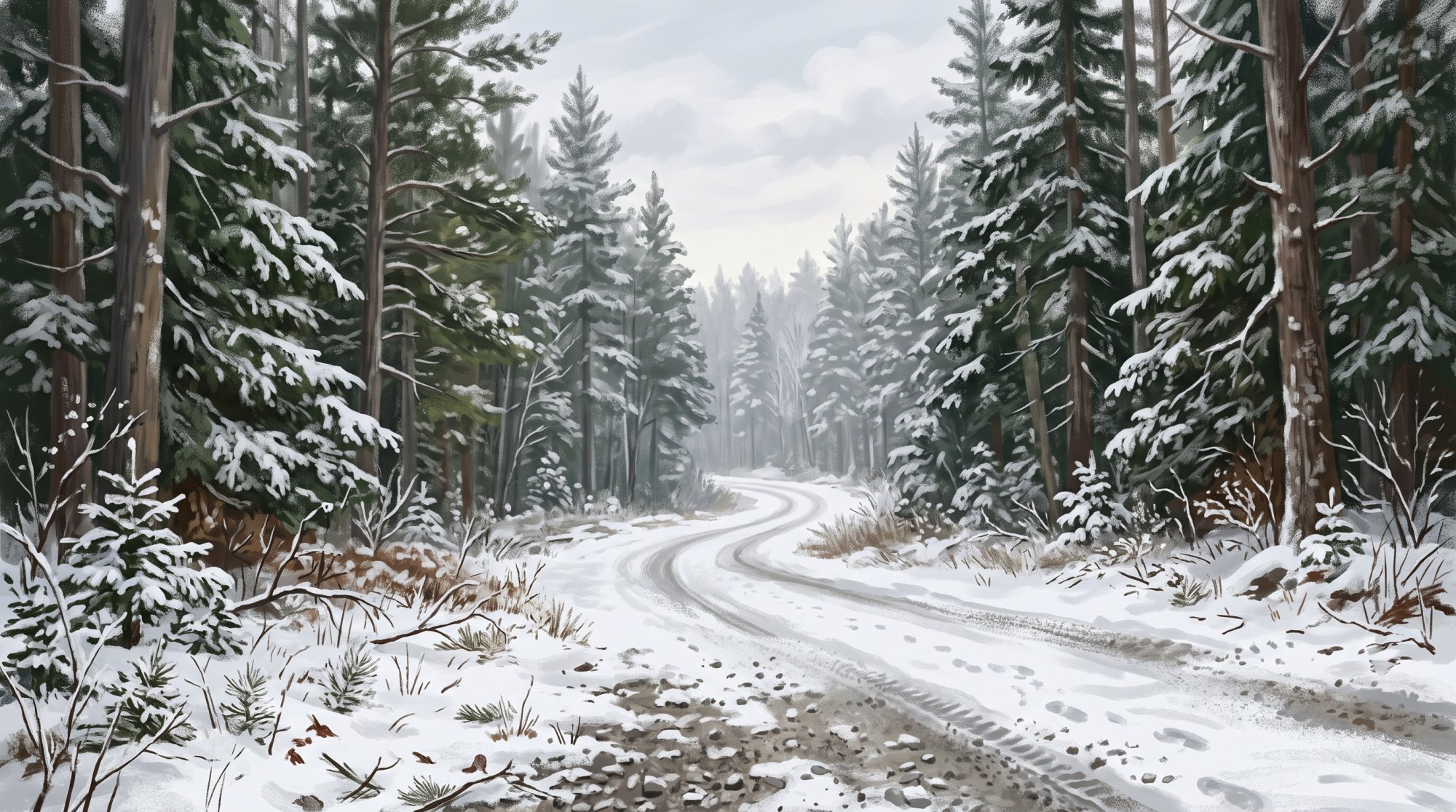 Illustration of a gravel woods road disappearing into a tall evergreen forest in winter