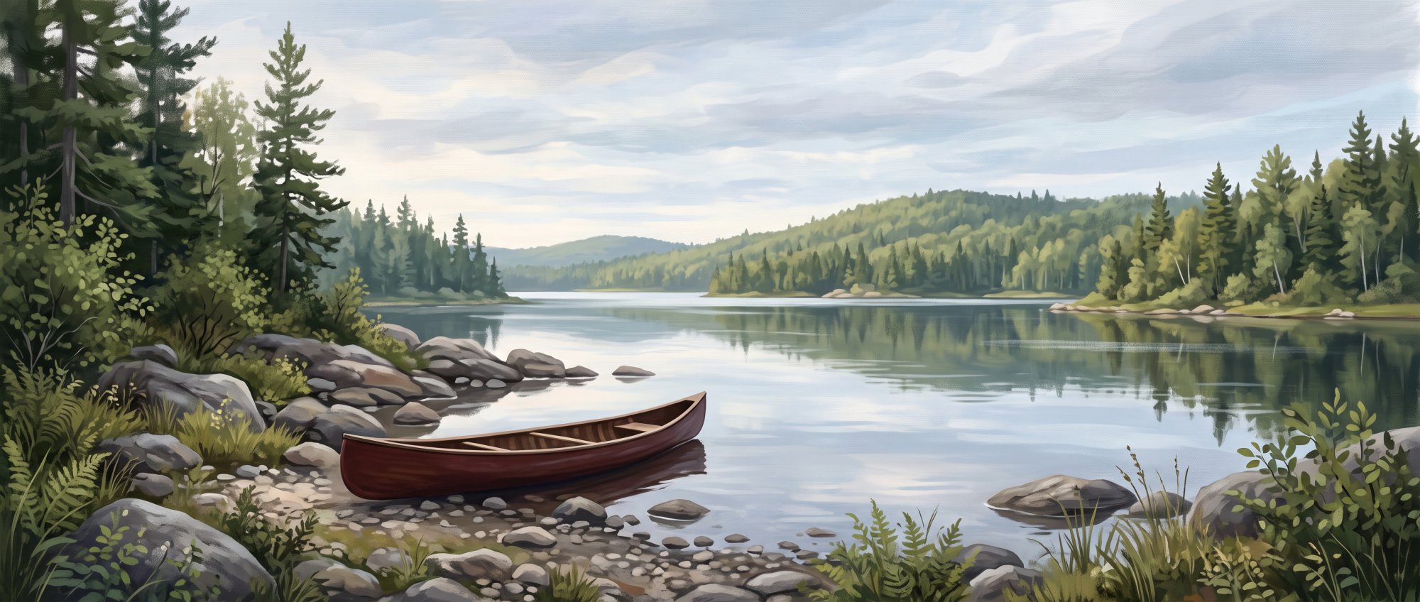 Illustration of a quiet lake at dawn with a canoe resting on a rocky shore and spruce trees behind in summer